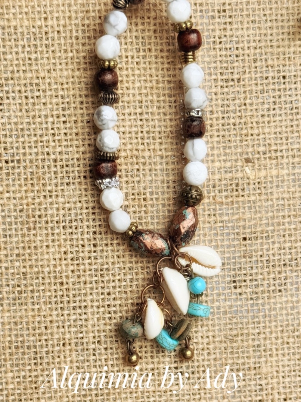 Summer boho + Baroque +White and Turquoise Shell Bead Necklace - Picture 5 of 7